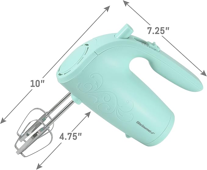 Elite Gourmet EHM003M Maxi-Matic Ultra Power Electric 5-Speed Kitchen Hand Mixer with 2 Extra Wide Stainless Steel Smooth Creamy Whipped Mixtures Plus Convenient, Beater Storage, Mint Blue