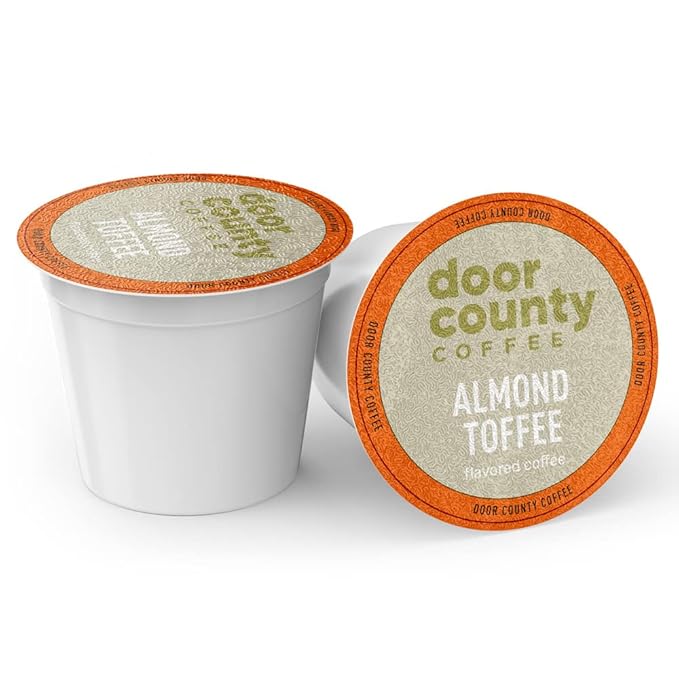 Door County Coffee Almond Toffee Flavored Ground - 10 Count Single Serve Cups - Medium Roast - 100% Specialty Arabica - Flavored Gourmet - Roasted Almonds &Toffee Flavored