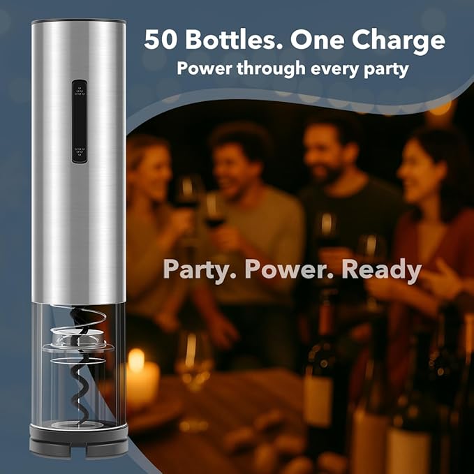Electric Wine Opener Rechargeable–USB-C Charging, Wine Opener Electric with Foil Cutter, Electric Wine Bottle Opener, Electric Corkscrew Wine Opener, Stainless Steel, Must-Have for Wine Lovers