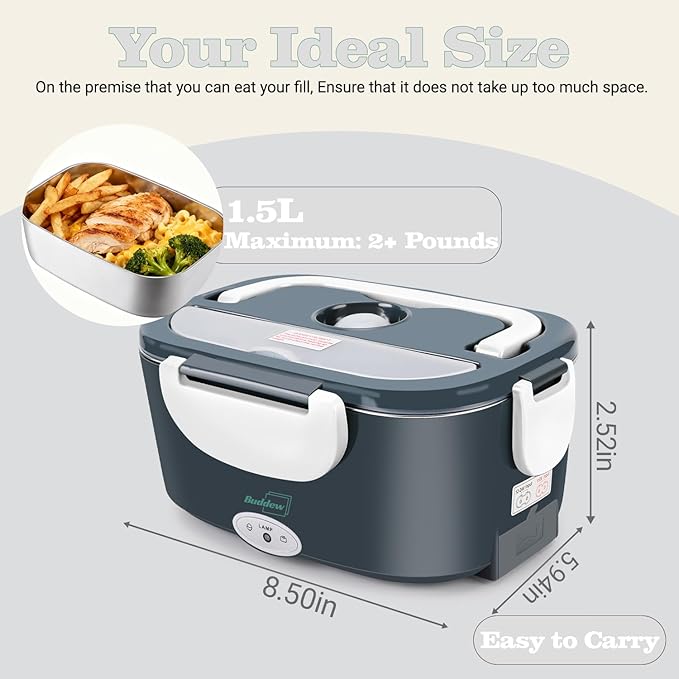 Buddew Electric Heated Lunch Box for Adults - 80W Fast Heating, 1.5L Food-Grade Stainless Steel, 12V/24V/110V Portable Food Warmer for Work Travel Car, Lonchera Electrica Portatil