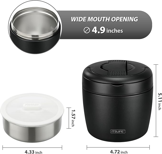 Soup Thermos for Hot Food Insulated Food Jar 32oz, Vacuum Insulated Stainless Steel Lunch Container - Wide Mouth Thermo for Soup & Food, Insulated lunch box Leakproof Bento Box with Spoon(Black)