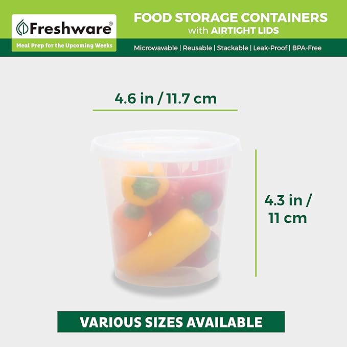 Freshware Food Storage Containers 24 oz Plastic Deli Containers with Lids, Slime, Soup, Meal Prep Containers, BPA Free, Stackable, Leakproof, Microwave/Dishwasher/Freezer Safe, 48 count (pack of 1)