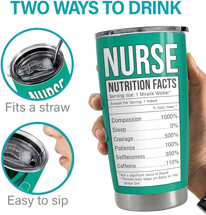 SANDJEST Nurse Tumbler Cup - Nutritional Facts Travel Coffee Mug Gift - 20oz Tumblers Nurse Gifts for Birthday, Christmas, Appreciation Week, Nursing School Graduation for Nurses, Practitioners