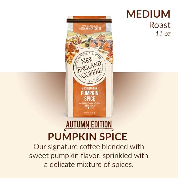 New England Coffee Pumpkin Spice Medium Roast Ground Coffee, 11oz Bag (Pack of 1)