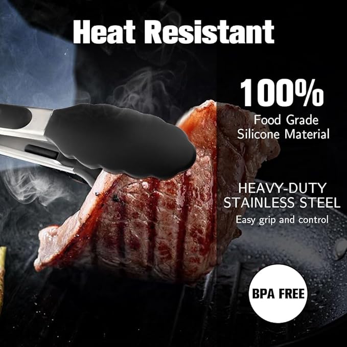 Kitchen Tongs 2 Pcs Tongs for Cooking Black Silicone Tongs 7 Inch 9 Inch Stainless Steel Locking Food Tongs with Silicone Tips Heat Resistant Serving Tong for BBQ Food Grilling Salad Kitchen Utensils