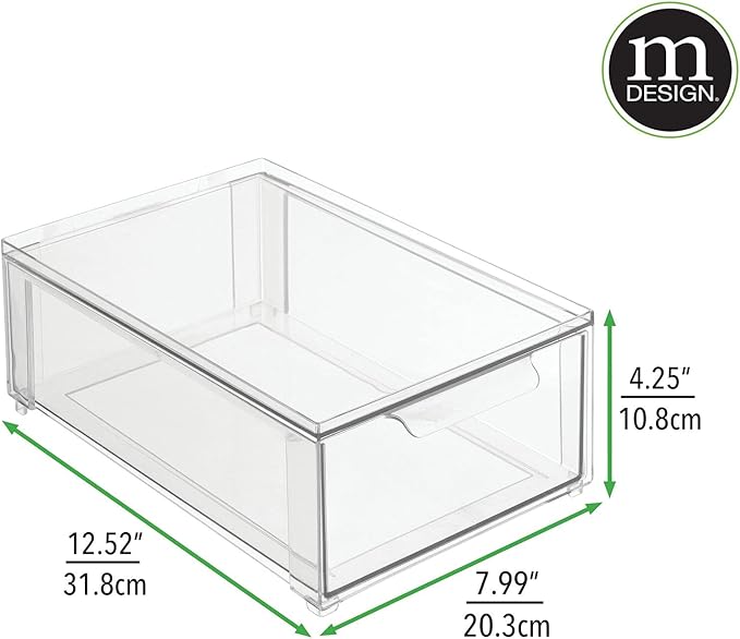 mDesign Plastic Pantry Organization and Storage Bin w/Pull Out Drawer - Shallow Stackable Kitchen Supplies Storage Container for Organizing Cabinet, Fridge, Freezer - Lumiere Collection - Clear