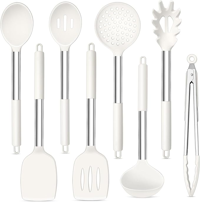 TeamFar Kitchen Utensils, 8PCS Cooking Silicone Utensils Kitchen Tool Kit with Stainless Steel Handle, for Nonstick Cookware Cooking Stirring Turning, Food Grade & Heat Resistant, Dishwasher Safe