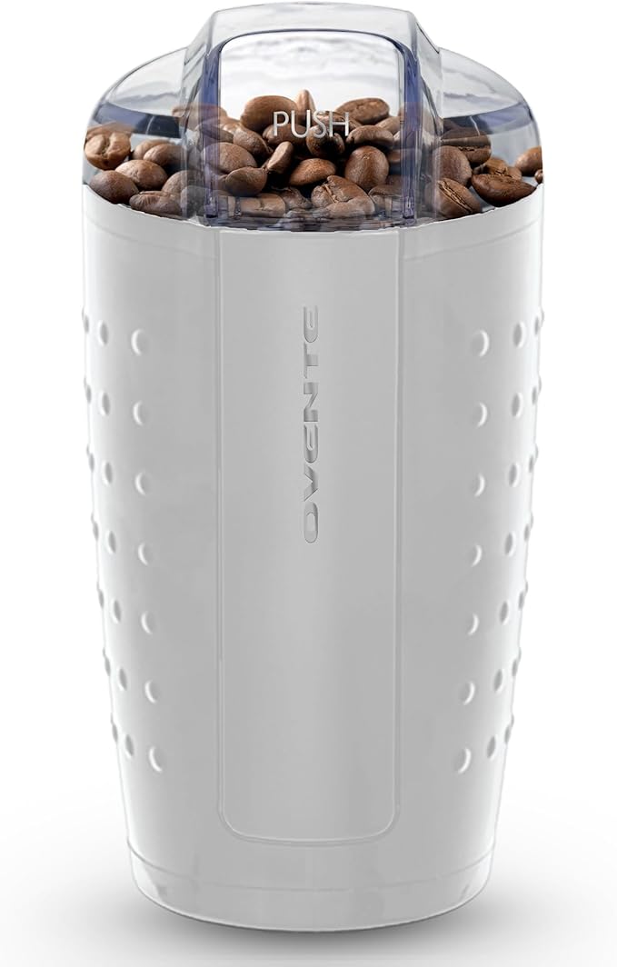 OVENTE Electric Coffee Grinder for Beans, Spices and More, 2.5Oz Compact Grinding Mill, Spice Grinder with Stainless Steel Blade, Pulse Button Operation and Transparent Easy to Open Lid, White CG225W
