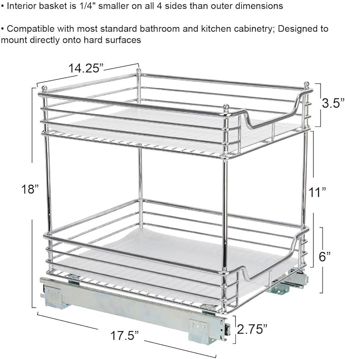 Household Essentials Glidez Chrome-Plated Steel Pull-Out/Slide-Out Storage Organizer with Plastic Liners for Under Cabinet Use - 2-Tier Design - Fits Standard Size Cabinet or Shelf, Chrome