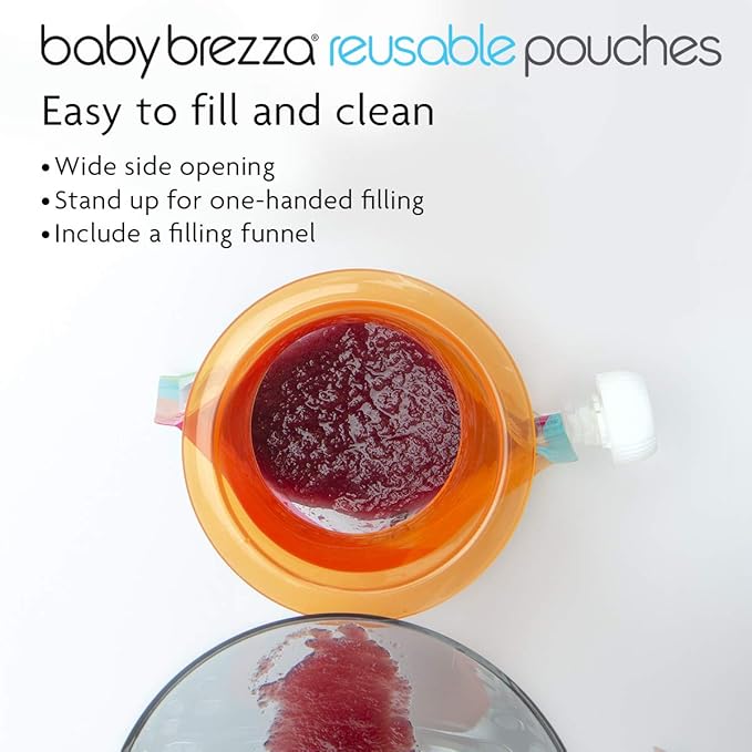 Baby Brezza Reusable Baby Food Storage Pouches, 10 Pack 7oz - Make Organic Food Puree for Kids or Toddlers and Store in Refillable Squeeze Pouches, Bulk Set is Freezer Safe & Washable