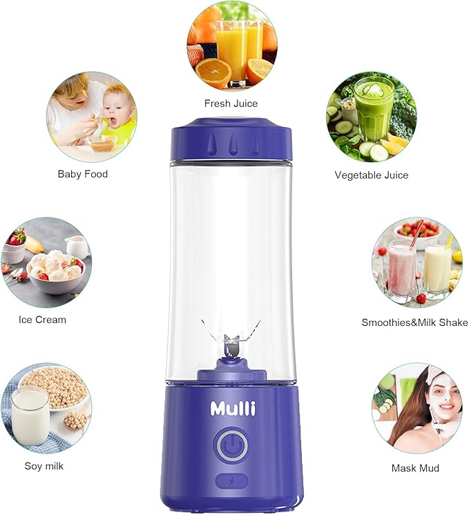 ‌Mulli Portable Blender 14oz-USB Rechargeable Smoothie Maker with 6 Stainless Steel Blades, Personal Mini Blender for Shakes, Baby Food, Travel, Gym & Kitchen, BPA-Free