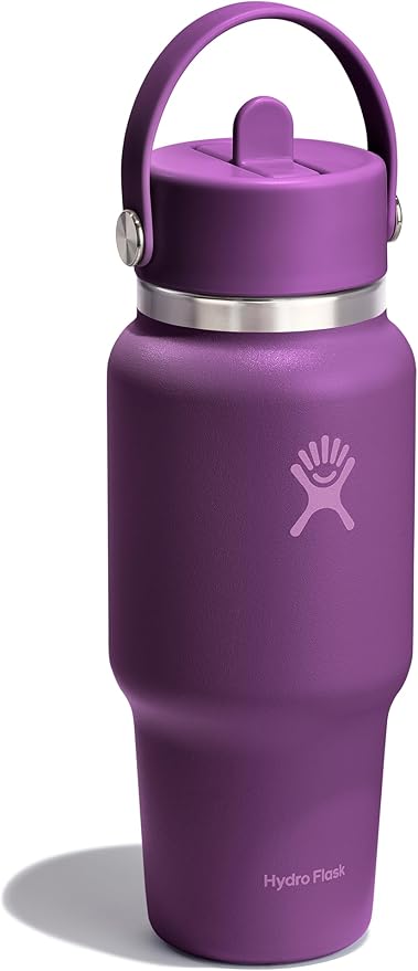 Hydro Flask Travel Water Bottle - Insulated Stainless Steel - Wide Straw Lid, Non Spill, Leakproof in 24 Oz Beachplum Purple