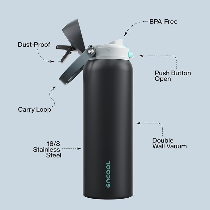 Insulated Water Bottle with Straw - Encool Stainless Steel Water Bottle with Push Button Lid, Leak-Proof & BPA-Free, Keeps Cold for 24 Hours for Sports, Travel, Gym (40 oz, Tuna Grey-Green)