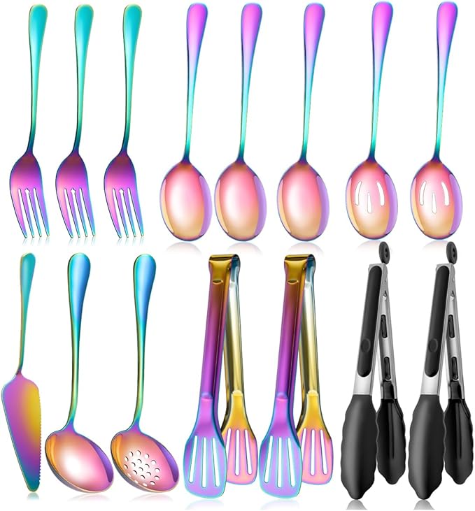 Rainbow Serving Utensils Set Stainless Steel, 15pcs Large Metal Serveware Serving Spoons, Slotted Spoons, Forks, Tongs, Soup and Skimmer Spoon, Cake Server for Partie, Buffet, Catering, Entertaining