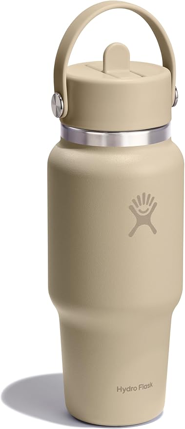 Hydro Flask Travel Water Bottle - Insulated Stainless Steel - Wide Straw Lid, Non Spill, Leakproof in 24 Oz Oat Tan
