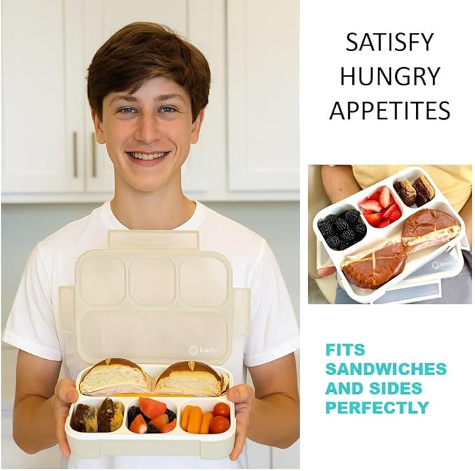 kinsho Bento Lunch Box Container for Kids Adults, Portion Control Meal Prep and Snack Containers, Japanese Style Boxes with 4 Compartments for Boys Girls Teens, School Work and Travel | Grey