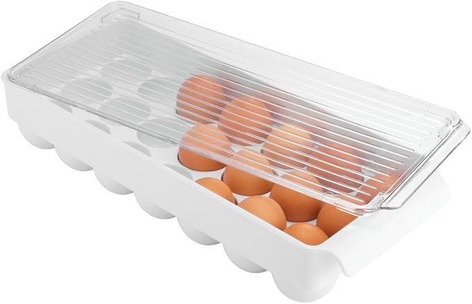 iDesign Plastic Egg Holder for Fridge with Lid - 21 Egg Storage Container Organizer Bin, Clear/White