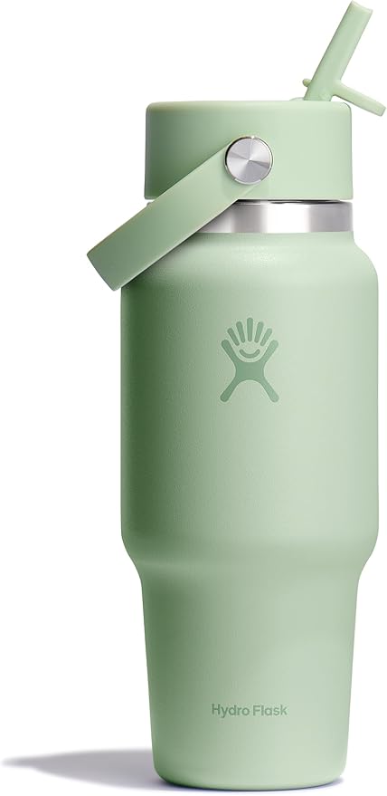 Hydro Flask Travel Water Bottle - Insulated Stainless Steel - Wide Straw Lid, Non Spill, Leakproof in 24 Oz Aloe Green