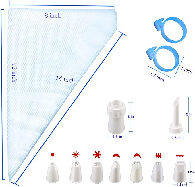 Piping Bags and Tips Set, 100Pcs 14 Inch Icing Bags, Pastry Bags Disposable for Cakes Decorating Tools Supplies with 1 Couplers, 8 Frosting Tips, 6Bag Ties