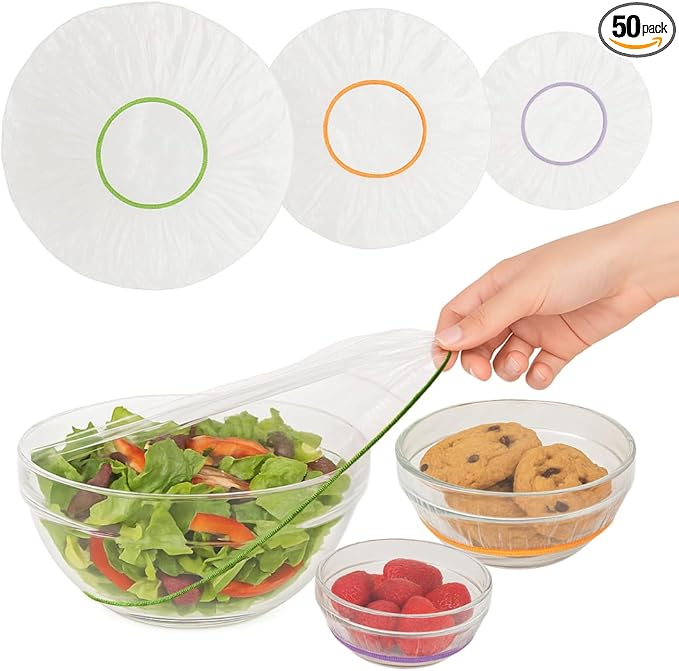Plastic Bowl Covers, Elastic Reusable Food Covers for Bread Proofing, Storage & Outdoor Use – 50 Pack, Stretch Fit, 3 Sizes