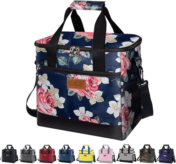 Iknoe Large Cooler Bag Collapsible 24 Can Insulated Bags Leakproof Lunch Cooler Tote with Multi-Pockets for Adult Insulated Thermal Bag for Beach, Picnic, Office Work(Flower)