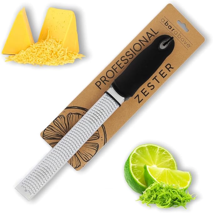 Cheese Grater & Lemon Zester A Bar Above 12” Chef-Grade Stainless Steel Rasp, Sharp Citrus Zester for Lemon, Lime, Ginger, Garlic, Parmesan & Hard Cheese, Professional Kitchen & Cocktail Garnish Tool