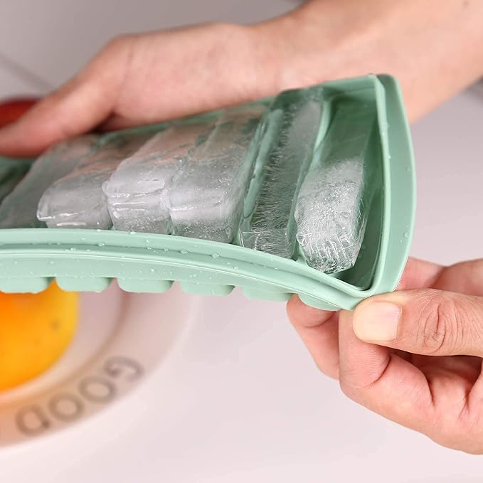LessMo 2 PCS Ice Cube Tray, Long Ice Stick Tray Silicone with Lid, Rectangular Narrow Stick, Reusable, Flexible, Easy Release, for Small Mouth Sport Bottles, Juice Bottles, Cocktail Parties, Blue