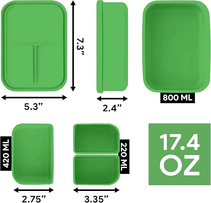 Platinum Silicone Bento Lunch Box Set of 2 – 3 Compartments, Leakproof, Versatile, Durable, Microwave & Freezer Safe, Meal Prep Container, Food Storage for All Ages (Watermelon Green)