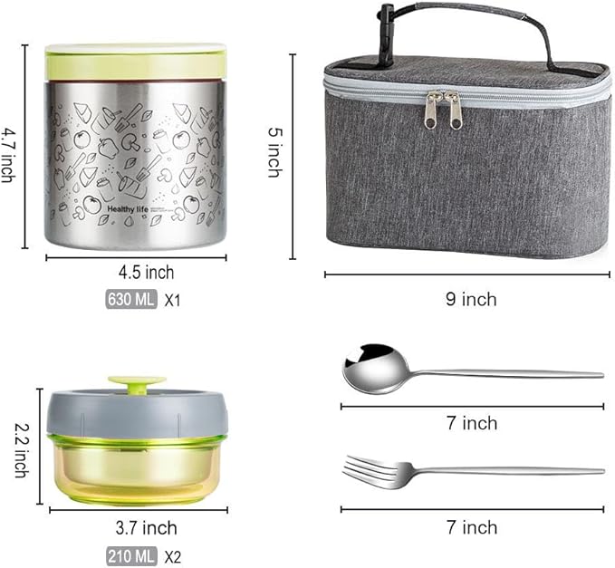 Lille Home Portable Insulated Lunch Box Set with Stainless Steel Cutlery, vacuum lunch box, to Keep Food Warm or Cool, Two Containers for Fruits and Sauces, Durable and Leak-Proof