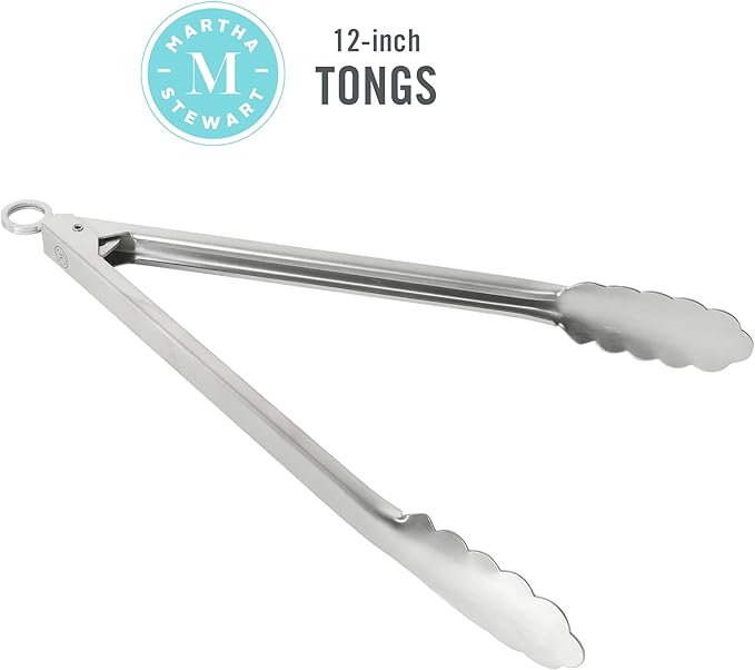 Martha Stewart Richburn 12-Inch Stainless Steel Kitchen Tongs – Durable, Heat-Resistant Cooking and Serving Tool