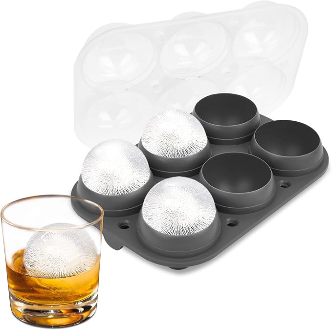 Samuelworld Large Ice Ball Maker with Lid, 6 x 2.5 Inch Ice Balls - Food Grade, Easy To Fill Round Silicone Ice Tray, Perfect Spheres Craft Ice Maker for Whiskey, Cocktails, Gifting - Grey