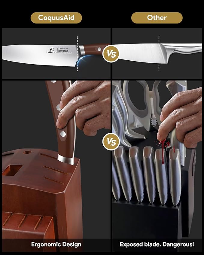 Knife Set, New 15° Beveled Easy Insert, 15 Pcs Kitchen Knife Block Set with Block and Sharpener, German Vacuum Oil Cooled Crafted, Countertop-Free Steak Knife Set, Stainless Steel Brown
