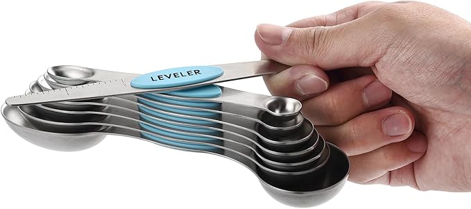 Spring Chef Stainless Steel Magnetic Measuring Spoons Set of 8 with Leveler, Metal Teaspoon & Tablespoon Measuring Spoons with Strong Magnets, Kitchen Gadgets for Baking & Cooking - 2 Pack - Aqua Sky