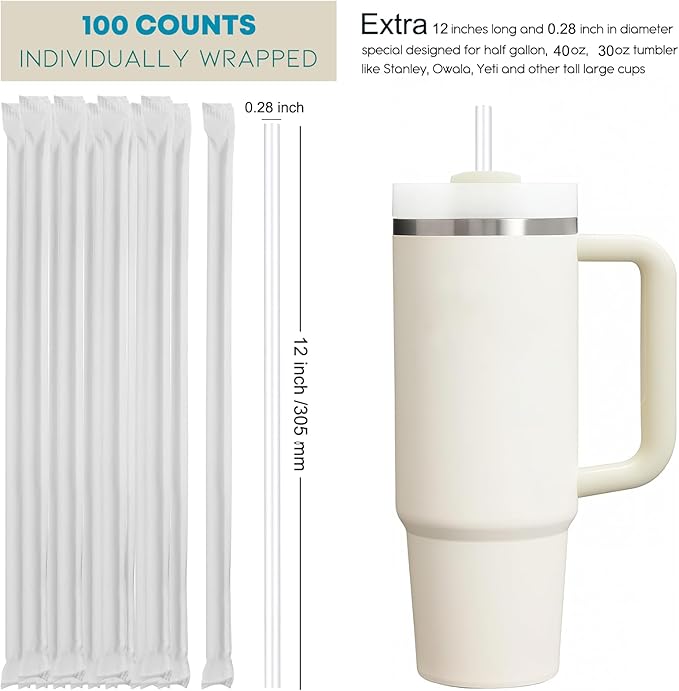 ALINK 100 Pcs Long Plastic Disposable Straws for 40 OZ Tumbler, 12 inch Clear Straws for Stanley Owala Yeti 30 oz 40 oz Cups, Half Gallon Jugs, Individually Wrapped