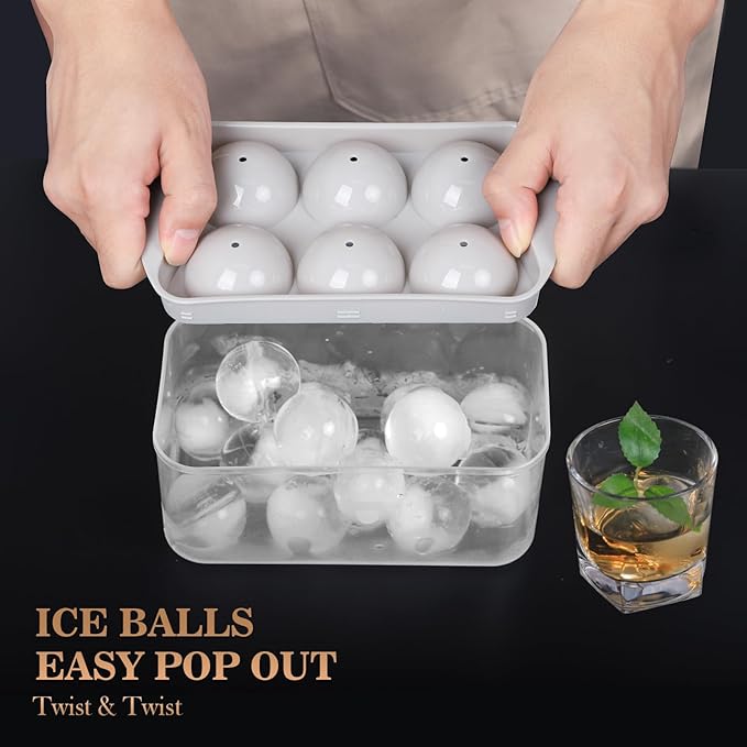Whiskey Ice Ball Maker with Lid and Bin, 1.9" Round Ice Cube Trays for Freezer, Large Sphere Whisky Ices Cubes Tray Circle with Bucket&Tong, Cocktail Bourbon Brandy Scotch(Gray-6 Balls*2 Pack)