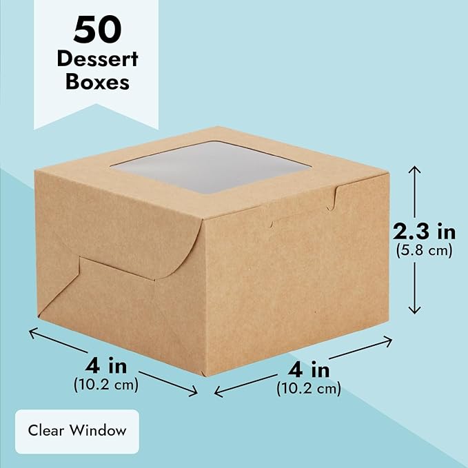 Juvale Cookie Boxes with Window - 50 Pack, 4 x 4 x 2.5 in Brown Cardboard - Pastry Containers & Cupcake Box for Baked Goods Packaging - Mini Treat Holders