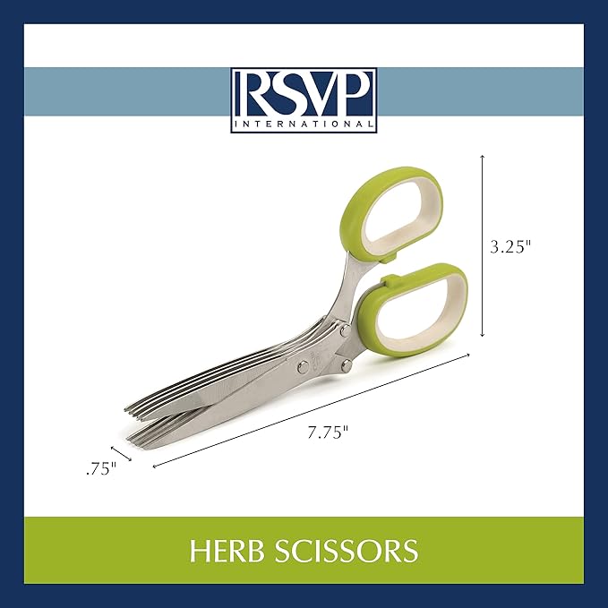 RSVP International Kitchen Tool Collection Herb Scissors with Protective Cover/Blade Cleaner, Dishwasher Safe, 7.75x3.25"
