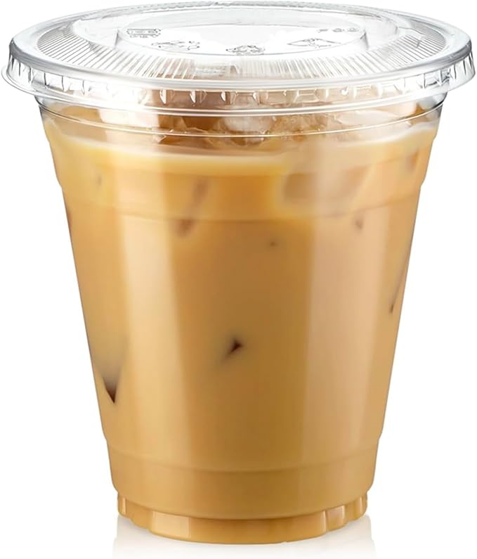 Fit Meal Prep 100 Pack 12 oz Clear Plastic Cups with Flat Lids, Disposable Iced Coffee Cups, BPA Free Premium Crystal Smoothie Cup for Party, Lemonade Stand, Cold Drinks, Juice, Milkshake