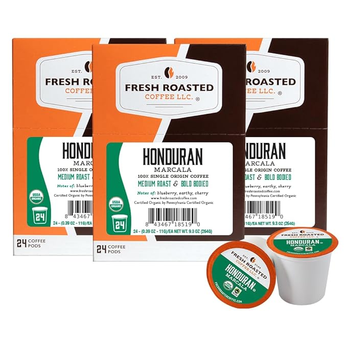 Fresh Roasted Coffee, Organic Honduran Marcala | USDA Organic, 100% Single Origin, Kosher | Medium Roast 72 Pods for K Cup Brewers
