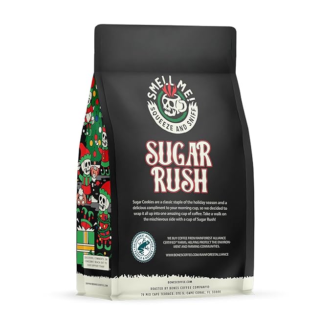 Bones Coffee Company Sugar Rush, Sugar Cookies Flavored Coffee, Medium Roast Low Acid Arabica Beans Compatible with Auto drip and French Press Coffee Maker, 12 Oz Ground