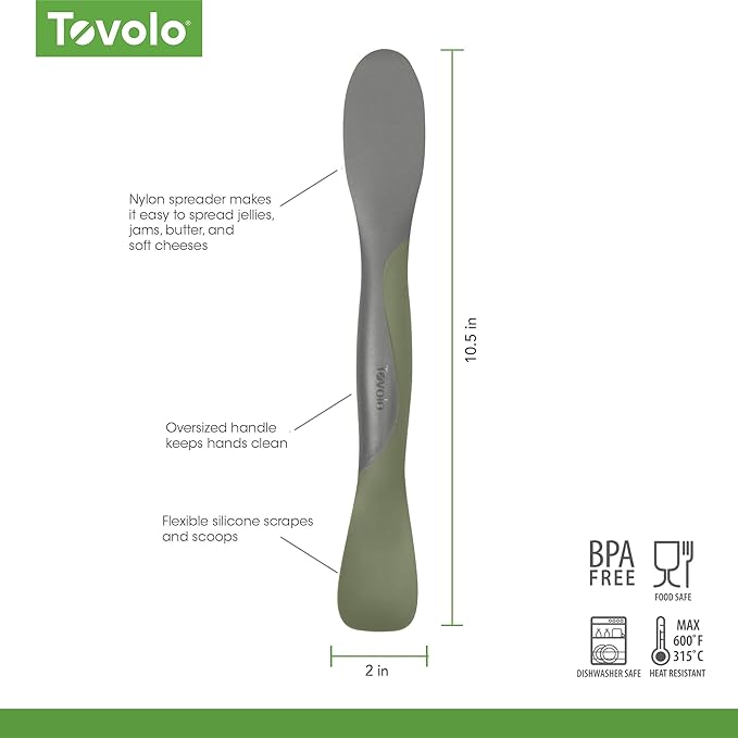 Tovolo Scoop and Spread Large Dual End Silicone Sandwich Spreader Tool with Nylon Handle, BPA Free Dishwasher Safe Silicone and Nylon Tool for Spreading and Scooping, Thyme Green and Charcoal Gray