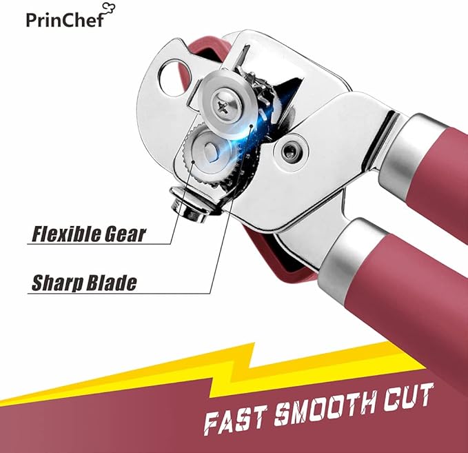 PrinChef Can Opener Manual, Can Tin Bottle Opener with Magnet - No-Trouble-Lid-Lift, Handheld Can Opener Smooth Edge with Sharp Blade, Heavy Duty and Easy to Use, for Seniors with Arthritis, Red