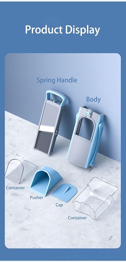 New Upgrade Safe Mandoline Slicer Plus, Biger Size, Adjustable Vegetable Food Chopper Potato Fries Cutter, Detachable Blade, Kitchen Chopping Artifact with Container. Blue