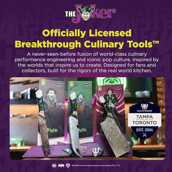 Dalstrong Pitmaster BBQ Knife - 8 inch - THE JOKER™ Edition Official License - 5 Layer 9CR18MOV Stainless Steel - Resin Handle - Meat Fork Bottle Opener - Collection Item - Knife Sheath