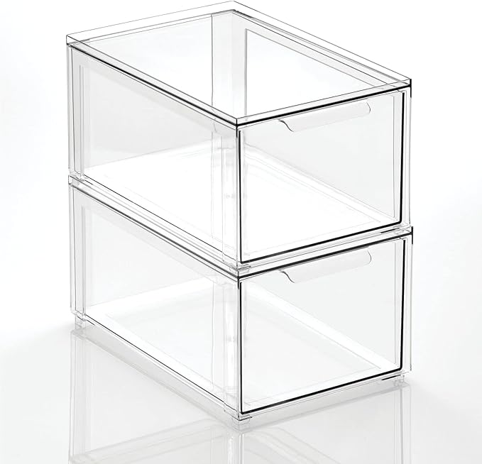 mDesign Plastic Stackable Bathroom Storage with Pull Out Bin Organizer Drawer for Cabinet, Vanity, Shelf, Cupboard, Cabinet, or Closet Organization - Lumiere Collection - 2 Pack - Clear