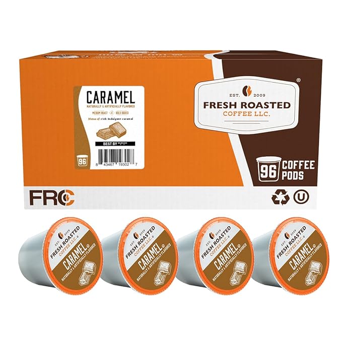 Fresh Roasted Coffee, Caramel, Flavored Coffee Pods, K-Cup Compatible, 96 Count