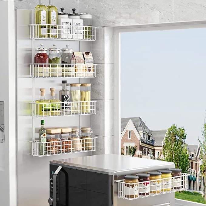4 Tier Magnetic Spice Rack | Strongly Magnetic Spice Shelf with Utility Hooks | Refrigerator Spice Storage | Kitchen Storage Rack for Placing Seasoning Bottles, Plastic Wraps or Garbage Bags (White)