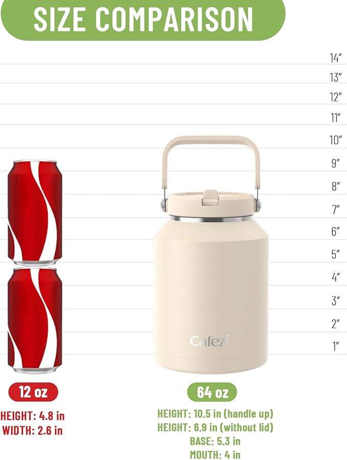 Half Gallon Water Jug 64oz, Stainless Steel Water Bottles with Flip Straw and Top Handle, Leak Proof, No Sweat, Iced for 34 Hours, Vacuum Insulated Cup for Home, Office, Outdoors, Car