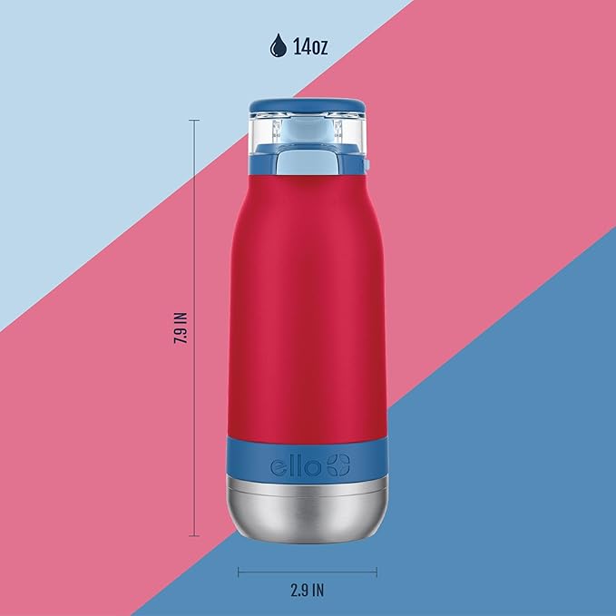 Ello Emma 14oz Vacuum Insulated Stainless Steel Kids Water Bottle with Straw and Built-in Carrying Handle and Leak-Proof Locking Lid for School Backpack, Lunchbox and Outdoor Sports