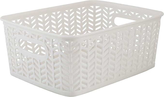 Simplify 3 Pack Small Herringbone Storage Basket | Dimensions: 10"x8"x4" | Light Weight | Two Open Handles | White | Organization | Many Uses | Kitchen Storage | Bathroom Storage |